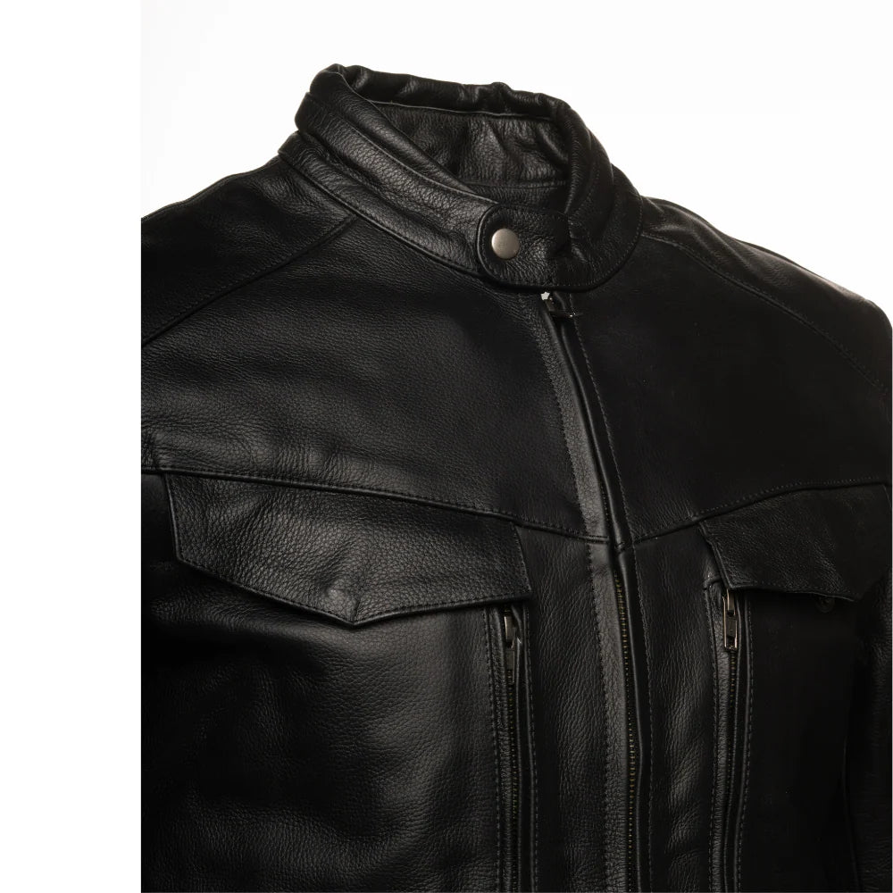 Huxley Black Motorcycle leather jacket with Storage pockets
