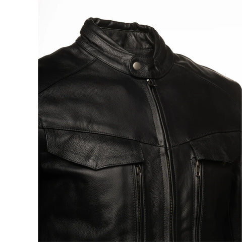 Huxley Black Motorcycle leather jacket with Storage pockets