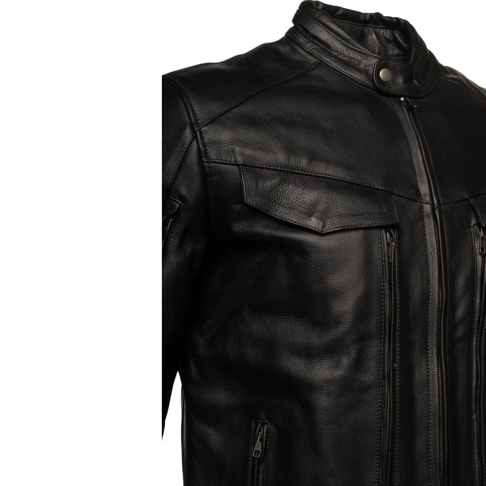 Huxley Black Motorcycle leather jacket with Storage pockets
