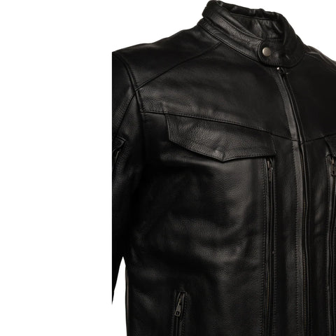 Huxley Black Motorcycle leather jacket with Storage pockets